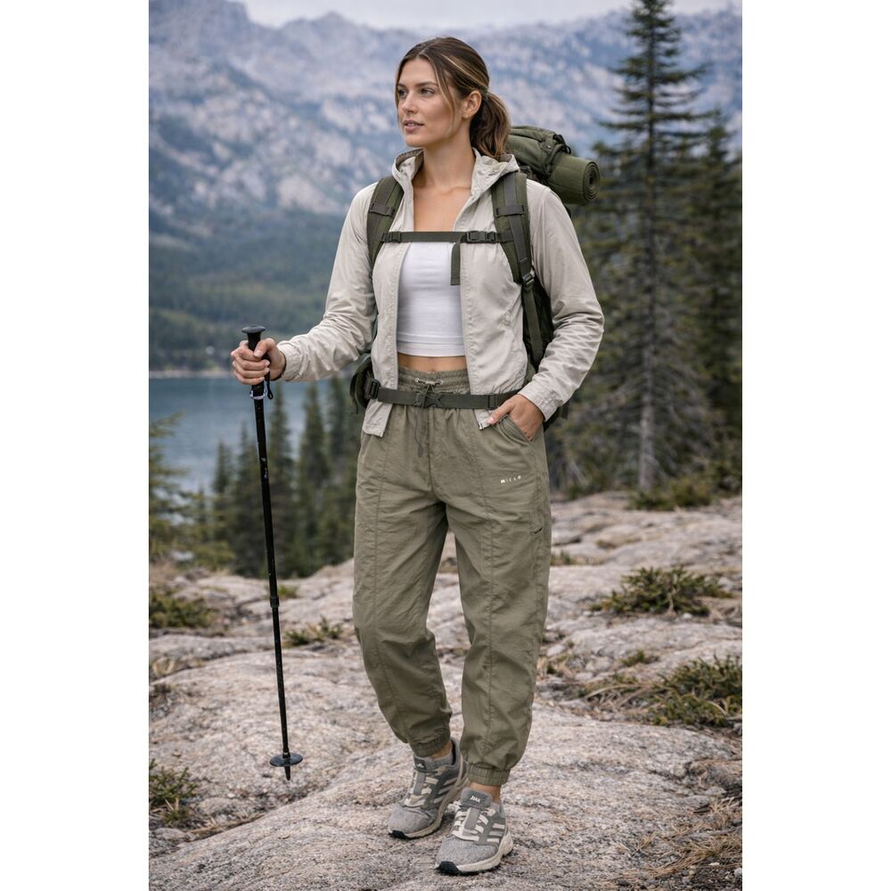 Olive Green Parachute Cargo Pants Nylon Utility Jogger Elastic Waist Outdoor L